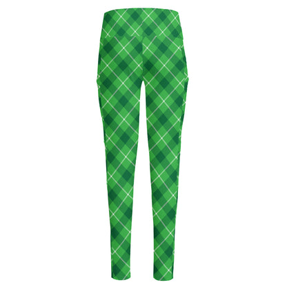 Green And White Plaid Pattern Print High-Waisted Pocket Leggings
