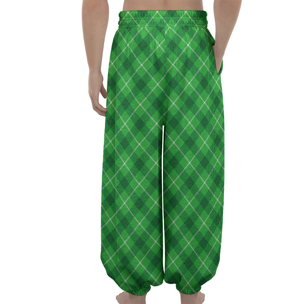 Green And White Plaid Pattern Print Lantern Pants