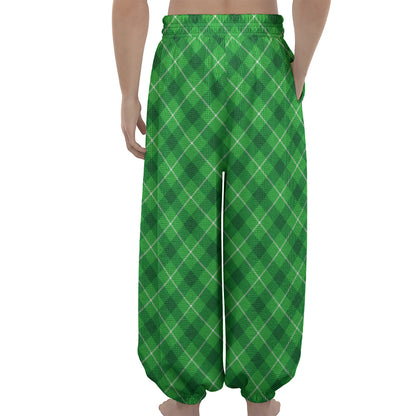 Green And White Plaid Pattern Print Lantern Pants