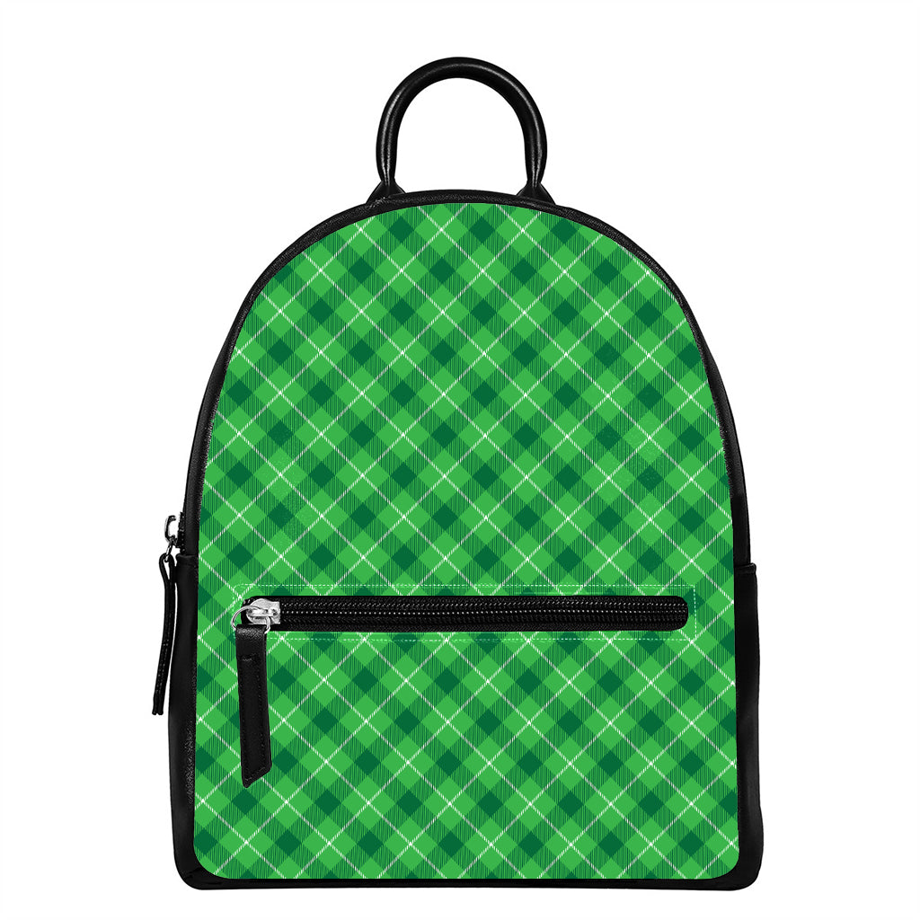 Green And White Plaid Pattern Print Leather Backpack
