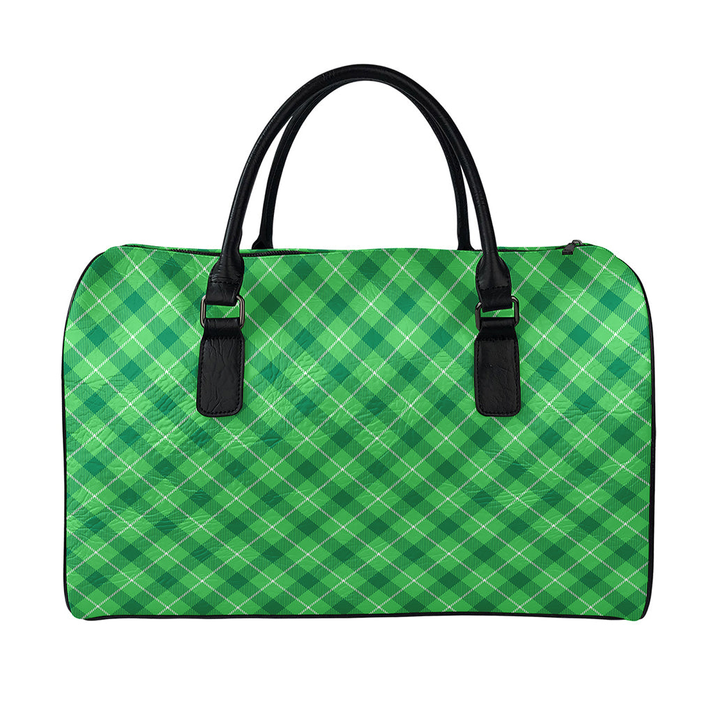 Green And White Plaid Pattern Print Leather Duffle Bag
