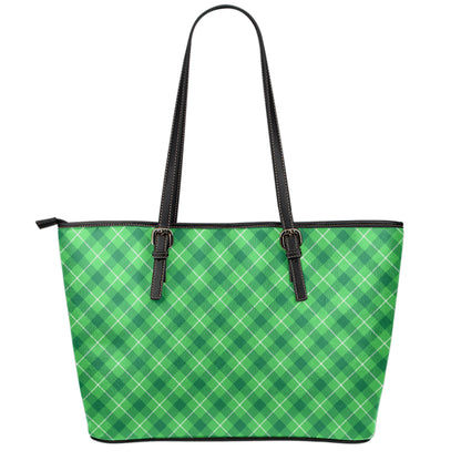 Green And White Plaid Pattern Print Leather Tote Bag