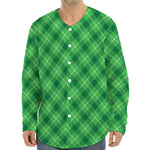 Green And White Plaid Pattern Print Long Sleeve Baseball Jersey