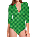 Green And White Plaid Pattern Print Long Sleeve Swimsuit