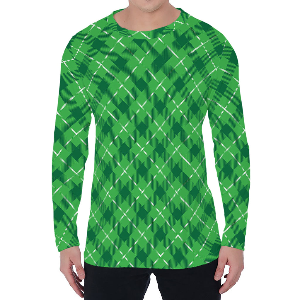 Green And White Plaid Pattern Print Men's Long Sleeve T-Shirt