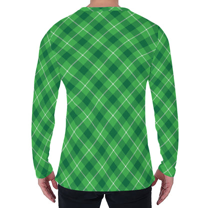 Green And White Plaid Pattern Print Men's Long Sleeve T-Shirt