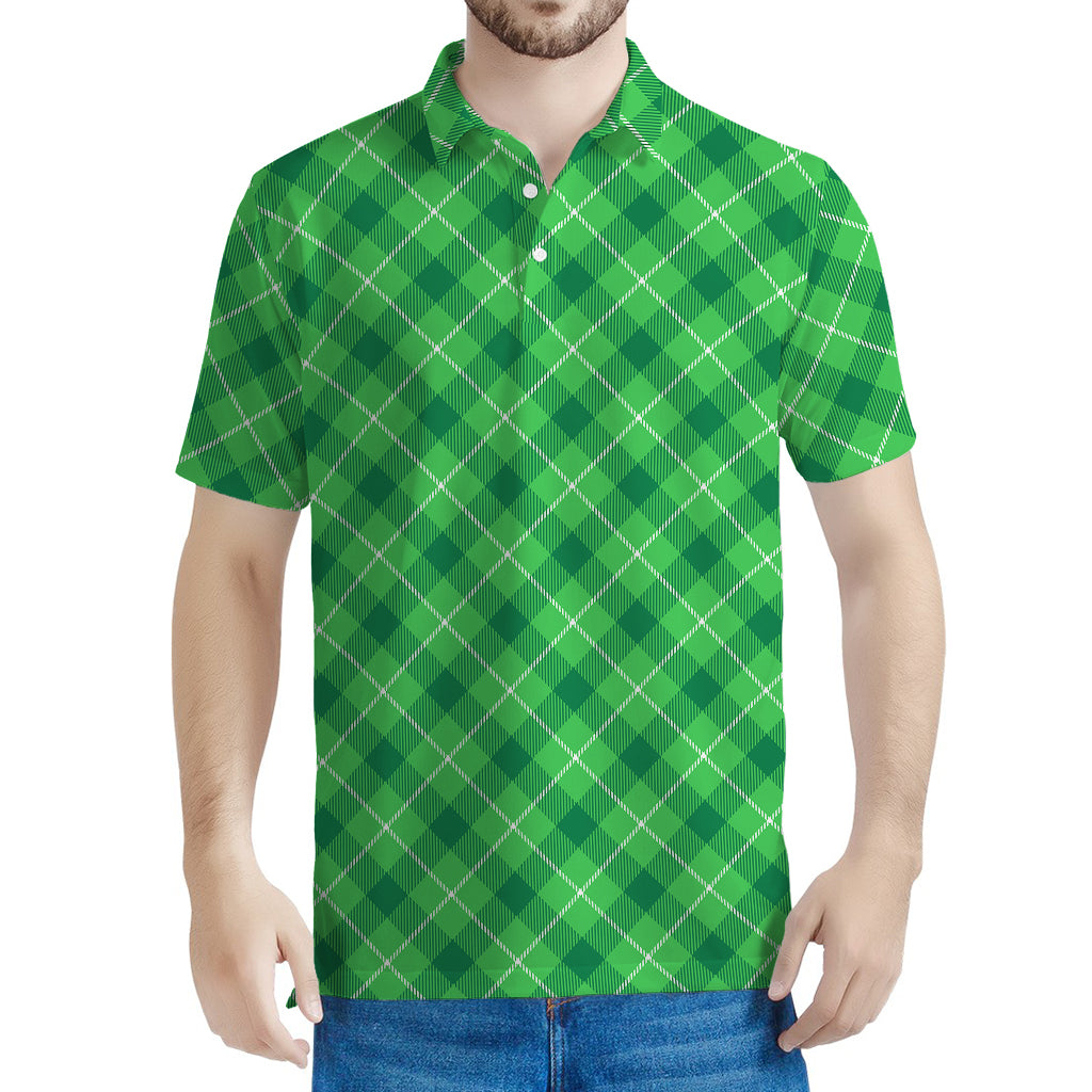 Green And White Plaid Pattern Print Men's Polo Shirt