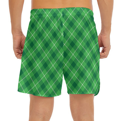 Green And White Plaid Pattern Print Men's Split Running Shorts
