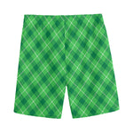 Green And White Plaid Pattern Print Men's Sports Shorts