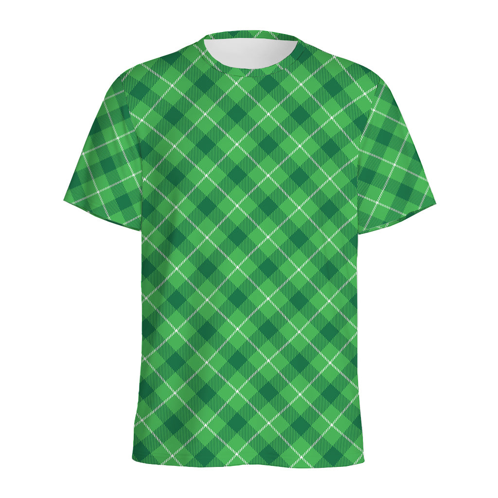 Green And White Plaid Pattern Print Men's Sports T-Shirt
