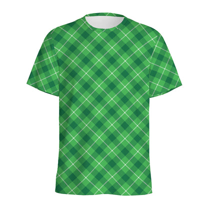 Green And White Plaid Pattern Print Men's Sports T-Shirt