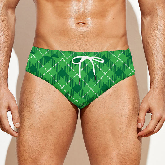 Green And White Plaid Pattern Print Men's Swim Briefs