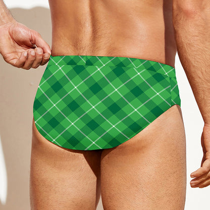 Green And White Plaid Pattern Print Men's Swim Briefs