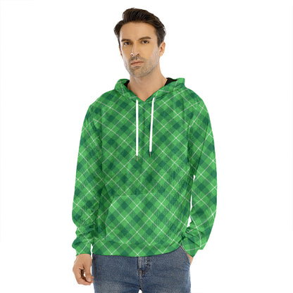 Green And White Plaid Pattern Print Men's Velvet Pullover Hoodie