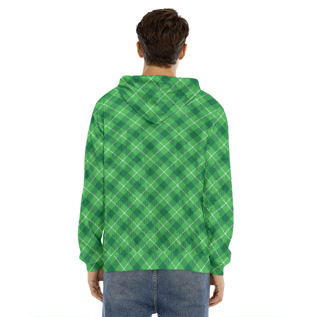 Green And White Plaid Pattern Print Men's Velvet Pullover Hoodie