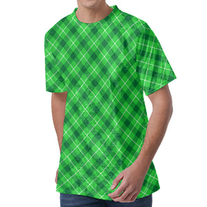 Green And White Plaid Pattern Print Men's Velvet T-Shirt