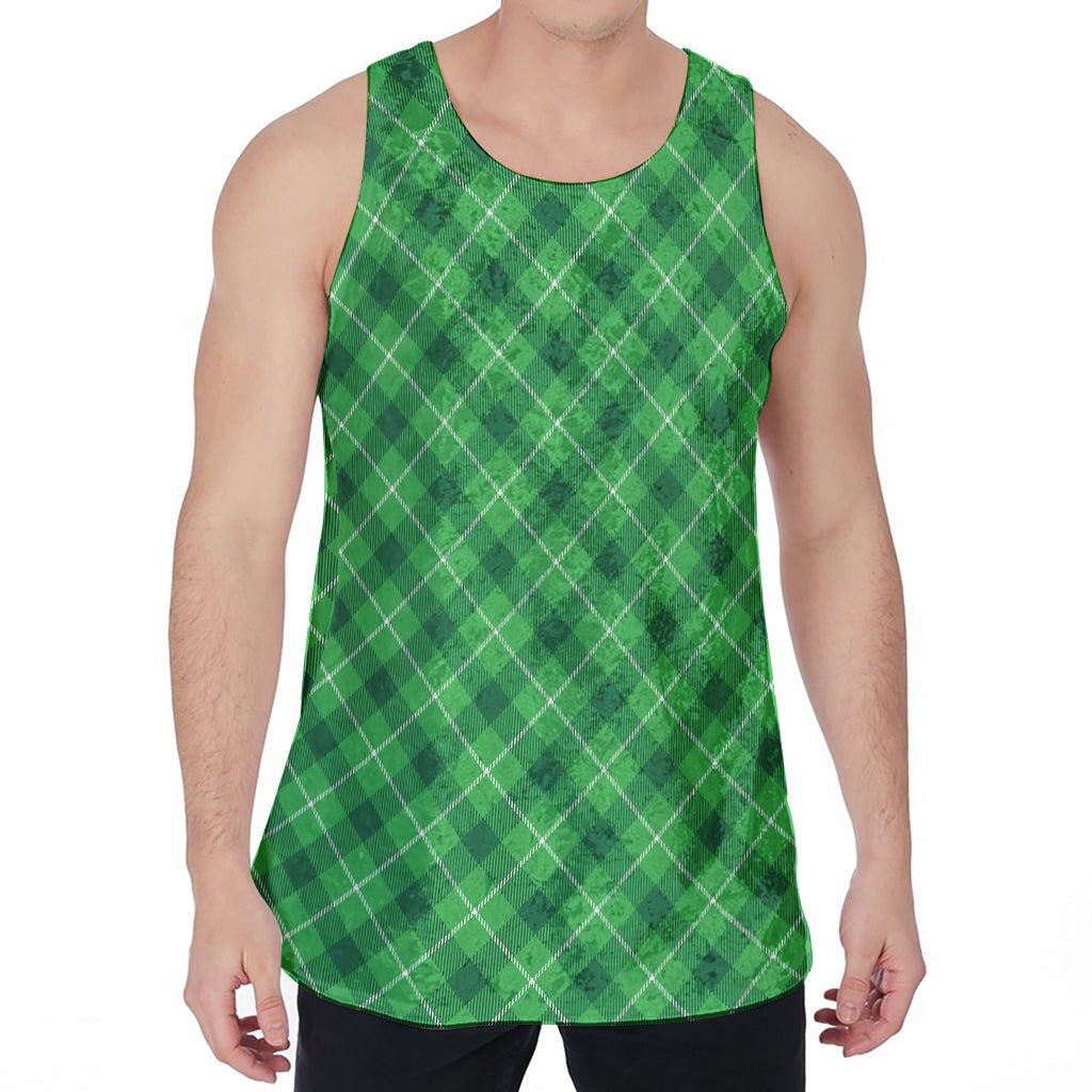 Green And White Plaid Pattern Print Men's Velvet Tank Top