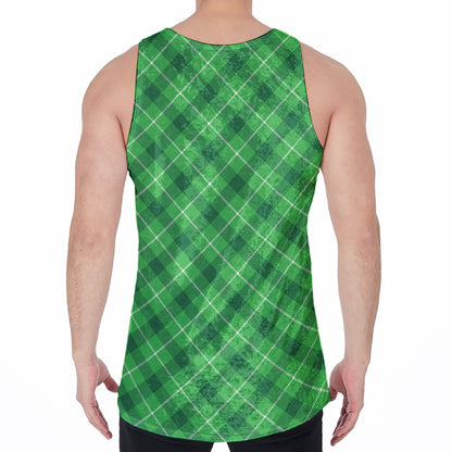 Green And White Plaid Pattern Print Men's Velvet Tank Top