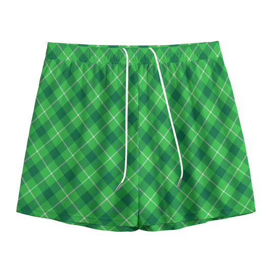 Green And White Plaid Pattern Print Mesh Shorts