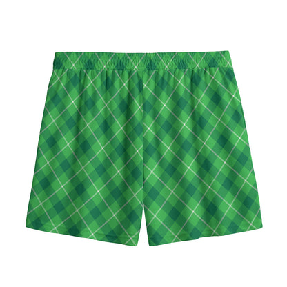 Green And White Plaid Pattern Print Mesh Shorts