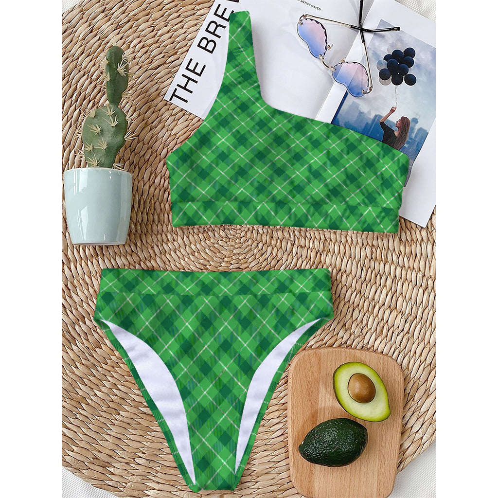 Green And White Plaid Pattern Print One Shoulder Bikini Top