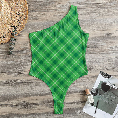 Green And White Plaid Pattern Print One Shoulder Bodysuit