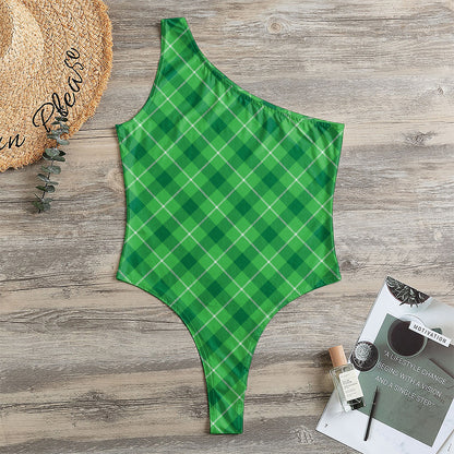 Green And White Plaid Pattern Print One Shoulder Bodysuit