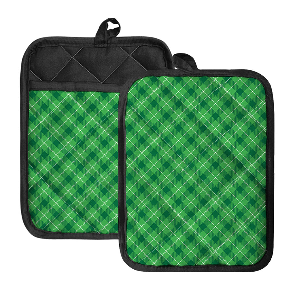 Green And White Plaid Pattern Print Pot Holders With Pocket