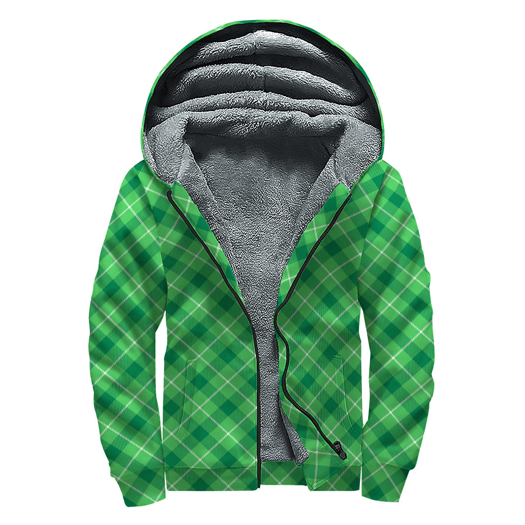 Green And White Plaid Pattern Print Sherpa Lined Zip Up Hoodie