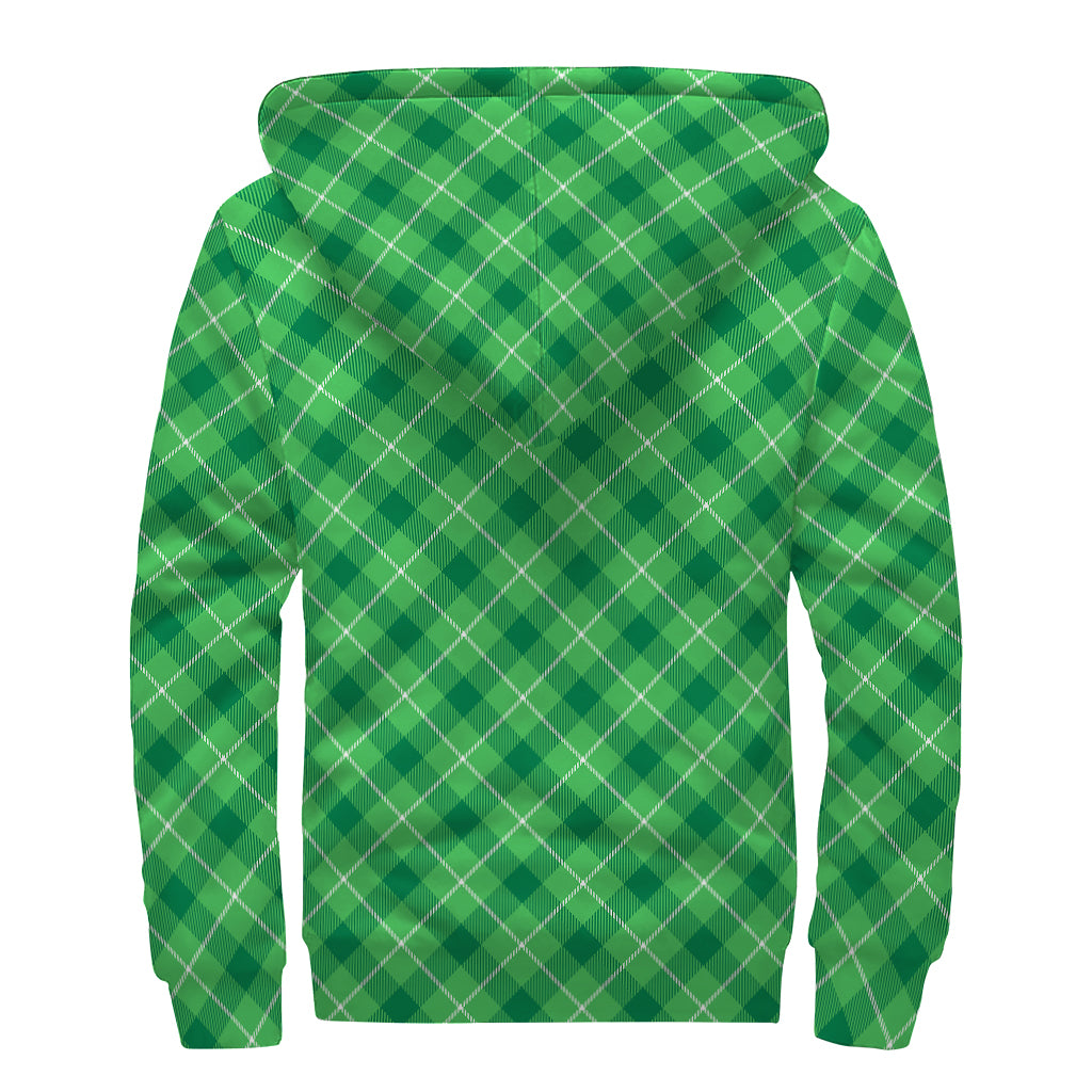 Green And White Plaid Pattern Print Sherpa Lined Zip Up Hoodie
