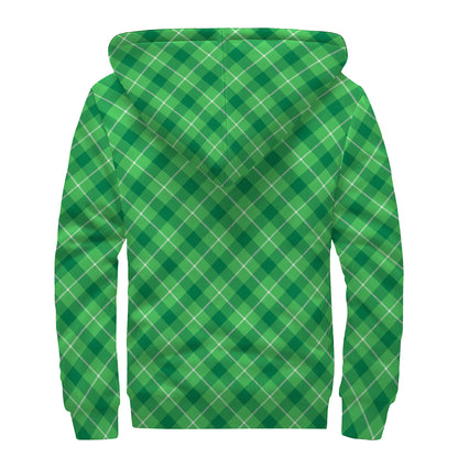 Green And White Plaid Pattern Print Sherpa Lined Zip Up Hoodie