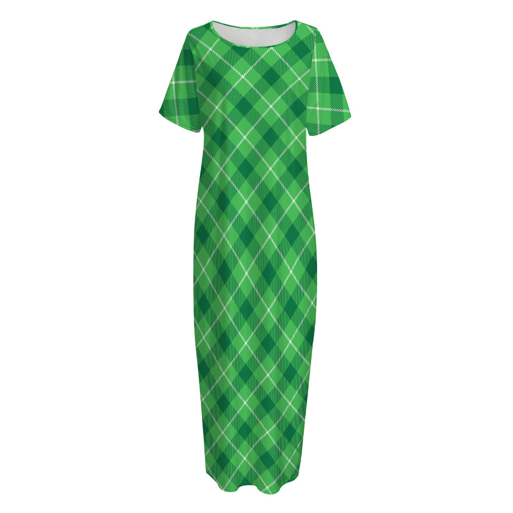 Green And White Plaid Pattern Print Short Sleeve Long Nightdress