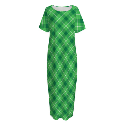 Green And White Plaid Pattern Print Short Sleeve Long Nightdress