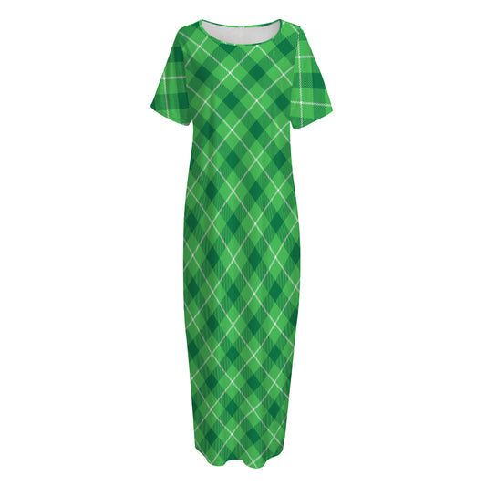 Green And White Plaid Pattern Print Short Sleeve Long Nightdress