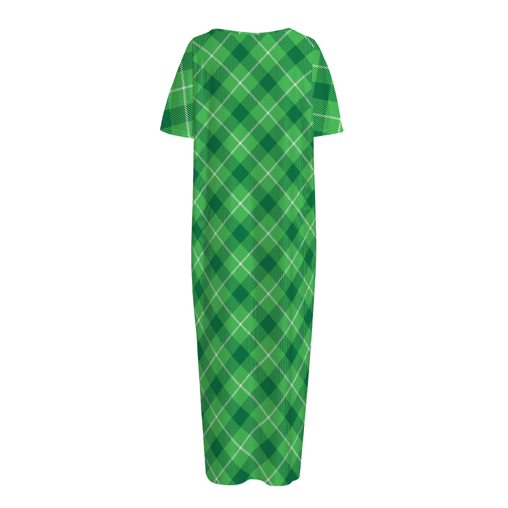 Green And White Plaid Pattern Print Short Sleeve Long Nightdress