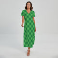 Green And White Plaid Pattern Print Short Sleeve Maxi Dress