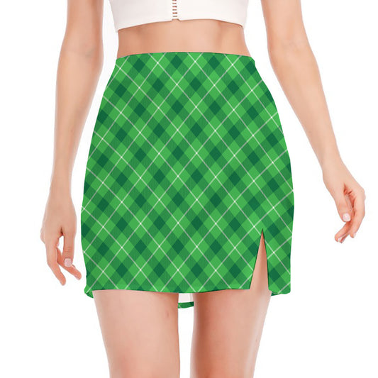 Green And White Plaid Pattern Print Side Slit Mini Skirt