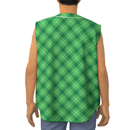 Green And White Plaid Pattern Print Sleeveless Baseball Jersey