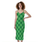 Green And White Plaid Pattern Print Slim Fit Midi Cami Dress