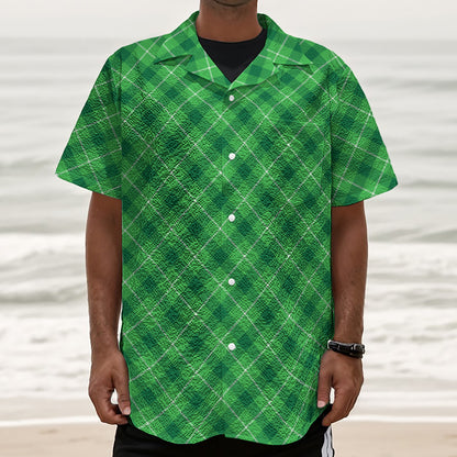 Green And White Plaid Pattern Print Textured Short Sleeve Shirt