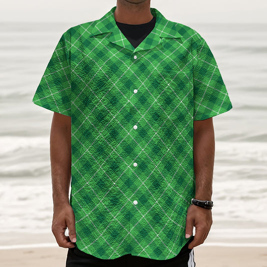 Green And White Plaid Pattern Print Textured Short Sleeve Shirt