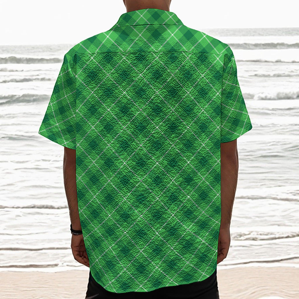 Green And White Plaid Pattern Print Textured Short Sleeve Shirt