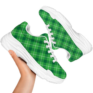Green And White Plaid Pattern Print White Chunky Shoes