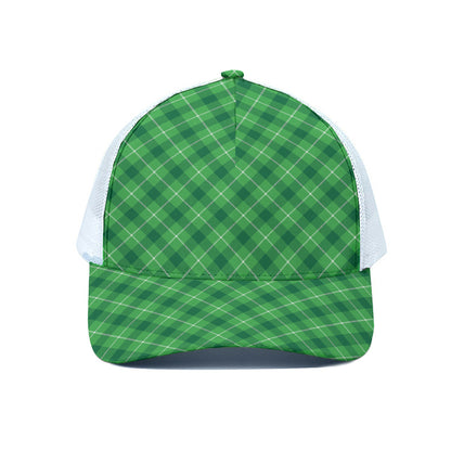 Green And White Plaid Pattern Print White Mesh Trucker Cap