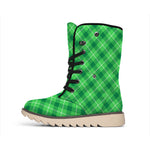 Green And White Plaid Pattern Print Winter Boots