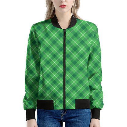 Green And White Plaid Pattern Print Women's Bomber Jacket