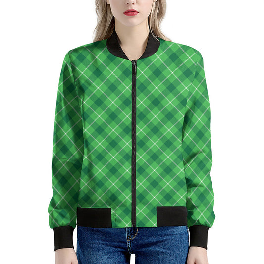 Green And White Plaid Pattern Print Women's Bomber Jacket