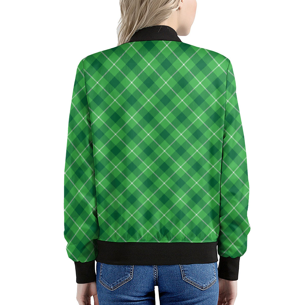 Green And White Plaid Pattern Print Women's Bomber Jacket