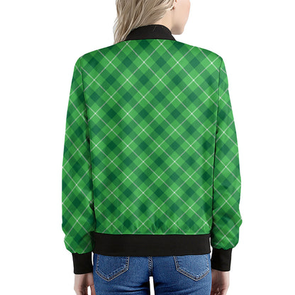 Green And White Plaid Pattern Print Women's Bomber Jacket