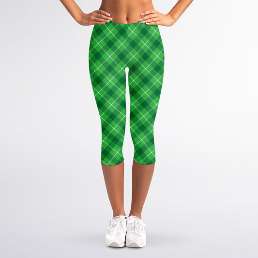 Green And White Plaid Pattern Print Women's Capri Leggings